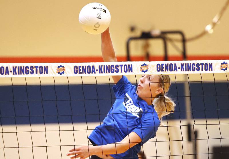 Genoa-Kingston’s Alayna Pierce spikes the ball during practice Thursday, Aug. 10, 2023, at the school in Genoa.