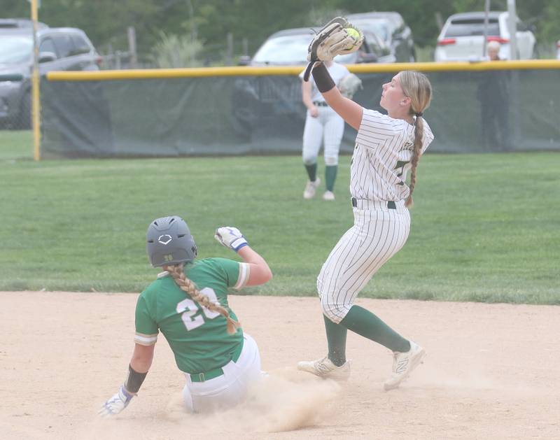 Seneca's Emma Mino is forced out at second base by St. Bede's Maci Kelly on Monday, May 12, 2025 at St. Bede Academy.