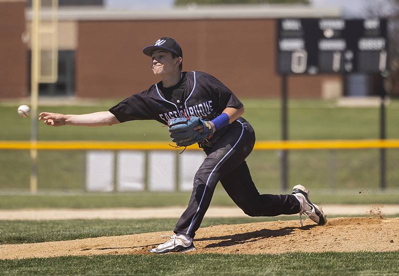 East Dubuque’s Carver Kamentz fires a pitch against Fulton Wednesday, May 22, 2024 in the Class A sectional semifinal in Forreston.