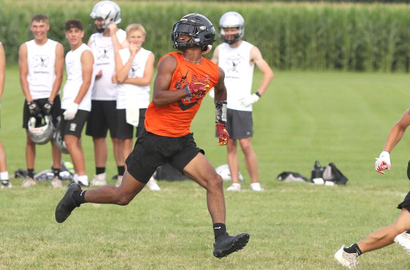 Ethan McCarter runs a pattern during a 7-on-7 against Kaneland Tuesday, July 26, 2022, at Kaneland High School in Maple Park.