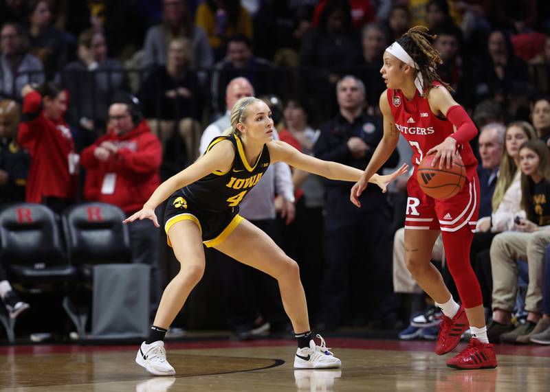 Iowa Hawkeyes guard Kylie Feuerbach (4) defends against Rutgers on Friday, January 5, 2024 at Jersey Mike’s Arena in Piscataway, New Jersey. (Brian Ray/hawkeyesports.com)