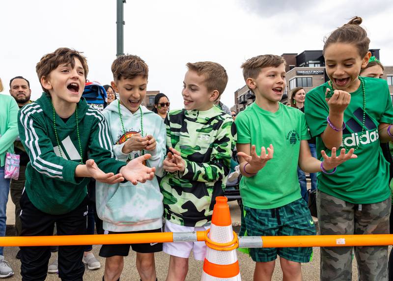 Children attempt to get candy from parade participants during the St. Charles St. Patrick’s Parade on Main Street in St. Charles on Saturday, March 15, 2025.