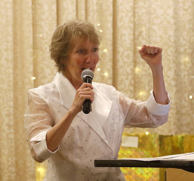Jill Kuhns the 2022 Educator of the Year speaks during the the Educator of the Year Dinner, Saturday, May 6, 2023, at Hickory Hall, in Crystal Lake. The annual awards recognize McHenry County’s top teachers, administrators and support staff.