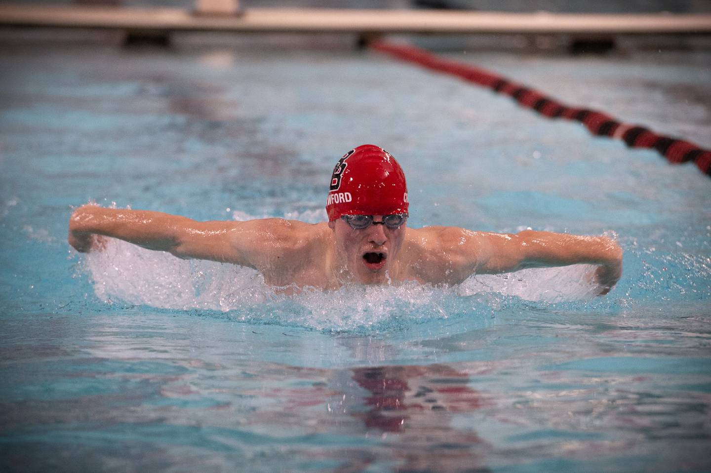 Bradley-Bourbonnais' Asher Crawford competes in the 200-yard medley relay on Tuesday, Feb. 4, 2025, during the Boilermakers' meet against Kankakee.