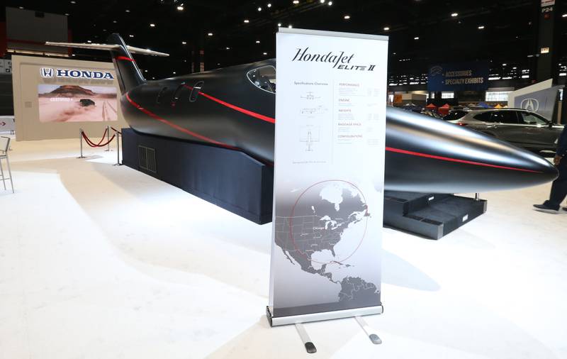 A view of a 7-million dollar Honda Jet Elite II Private Jet on Thursday, Feb. 8, 2024 during the Chicago Auto Show in McCormick Place. The top speed is 485 miles-per-hour.