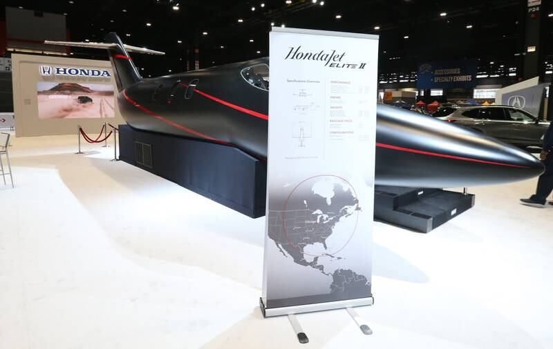 A view of a 7-million dollar Honda Jet Elite II Private Jet on Thursday, Feb. 8, 2024 during the Chicago Auto Show in McCormick Place. The top speed is 485 miles-per-hour.