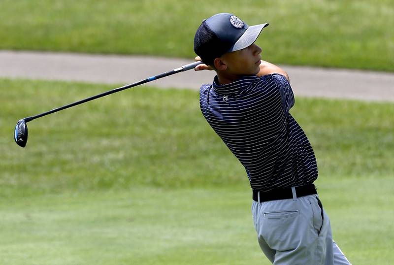 Andrew Karczewski watches tee shot on the fifth hole during the final round of McHenry County Junior Amateur Golf Tournament  on Tuesday, July 18, 2025, at Foxford Hills Golf Club in Cary.