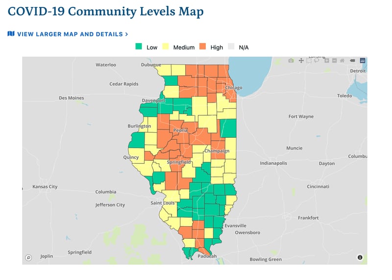 32 Illinois counties are now at "high" risk for COVID-19, according to information released by the Illinois Department of Public Health on June 10, 2022