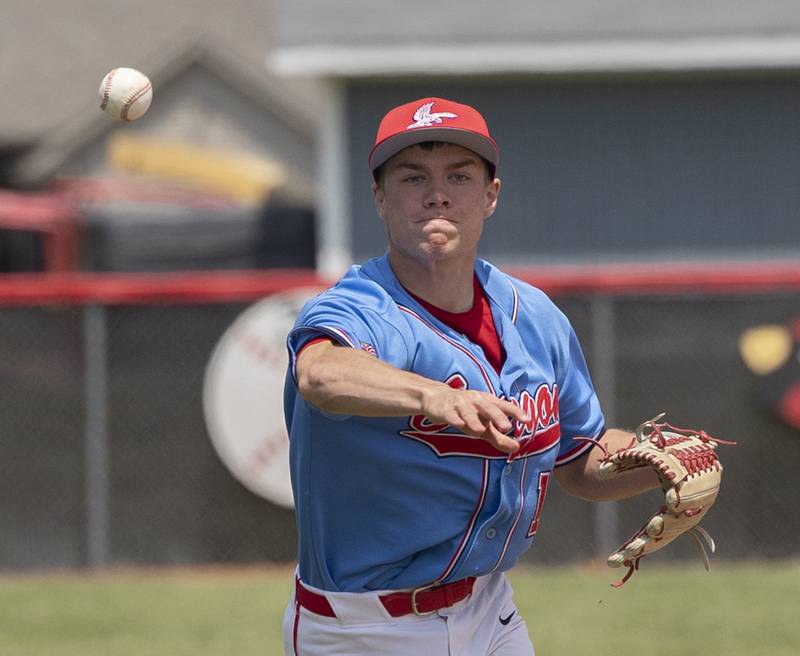 Oregon’s Jackson Messenger fires to first for an out against Byron Saturday, May 24, 2025, in the Stillman Valley Class 2A Regional final.