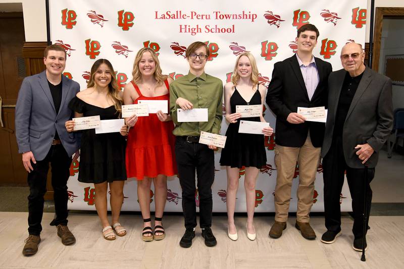 L-P Class of 1957 Scholarships were presented by Brett Witek (left) and Bo Windy (right) to the following students: (beginning second from left) Litzy Lopez, Maddison Van Zuiden, Zachary Znaniecki, Megan Crites and Niles Tremper. This scholarship fund was established with the intention of creating higher educational opportunities for future L-P generations. These $2,000 scholarships aim to recognize deserving students who have a desire to further their education and contribute meaningfully to their respective fields.