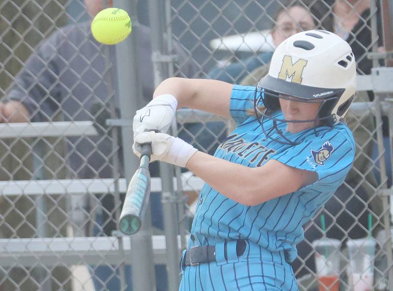Marquette's Hunter Hopkins gets a hit against Mendota on Wednesday, March 25, 2026 at June Gross Field in Ottawa.