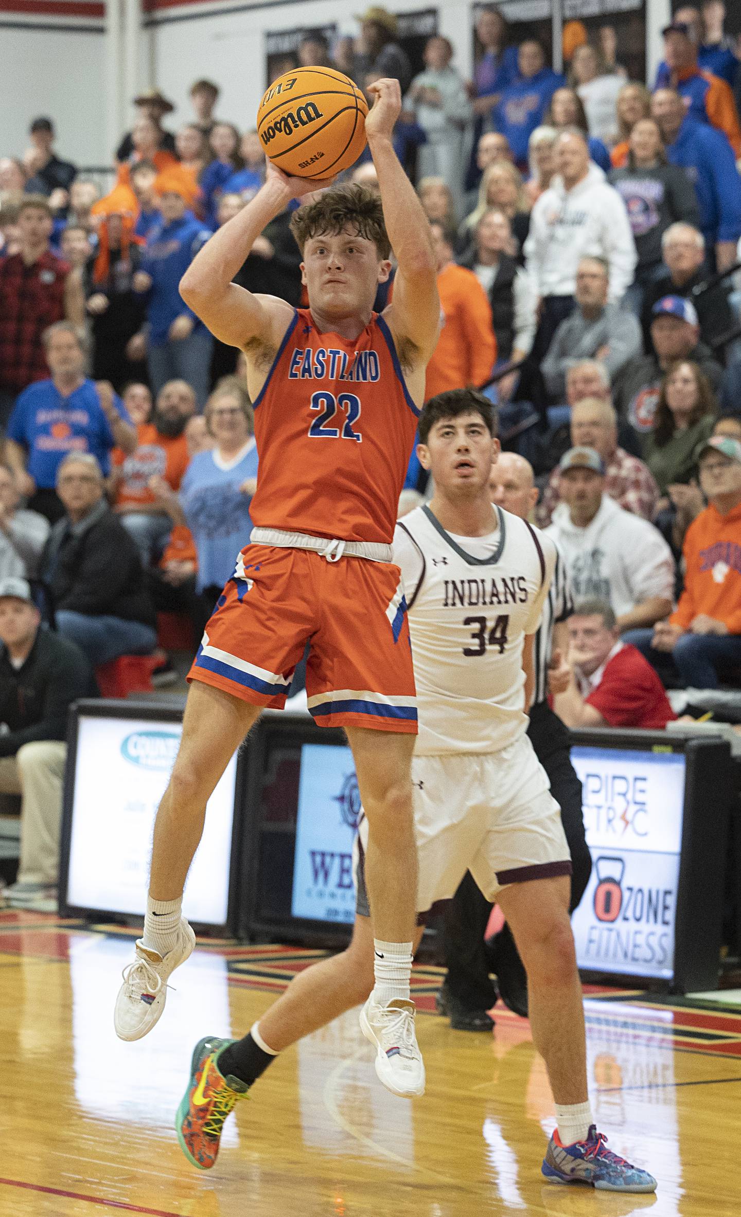 Eastland’s Braden Anderson puts up a three point shot at the half buzzer against Dakota Wednesday, March 4, 2026, in the Orion 1A sectional semifinal. Anderson drained the shot.