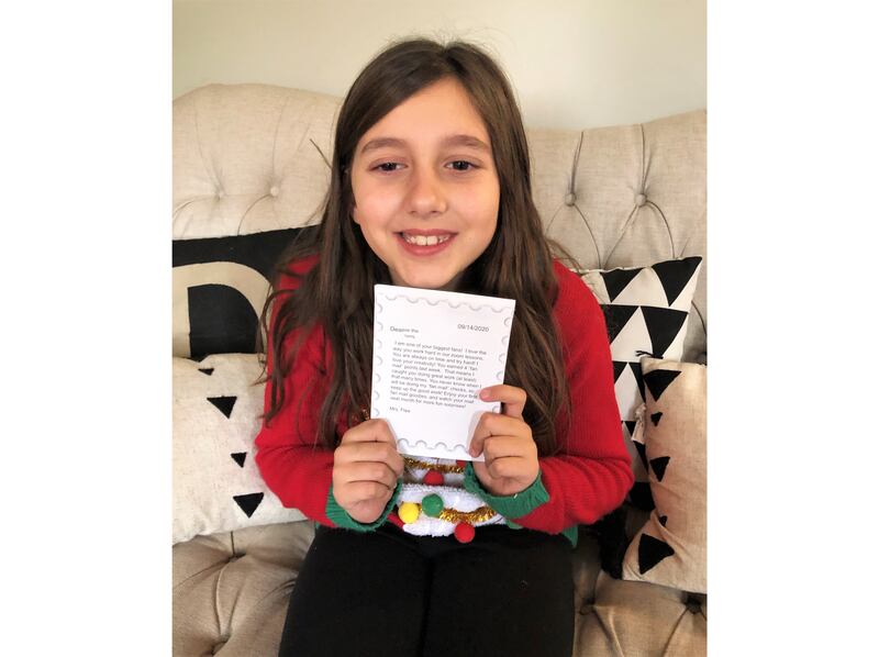 Lincoln Elementary School third grader Evie DeVolder receives a personalized letter from her teacher, Janet Flaa. Each month Lincoln Elementary School Learning Behavior Specialist Janet Flaa send her students Fan Mail to recognize their hard work during remote learning.