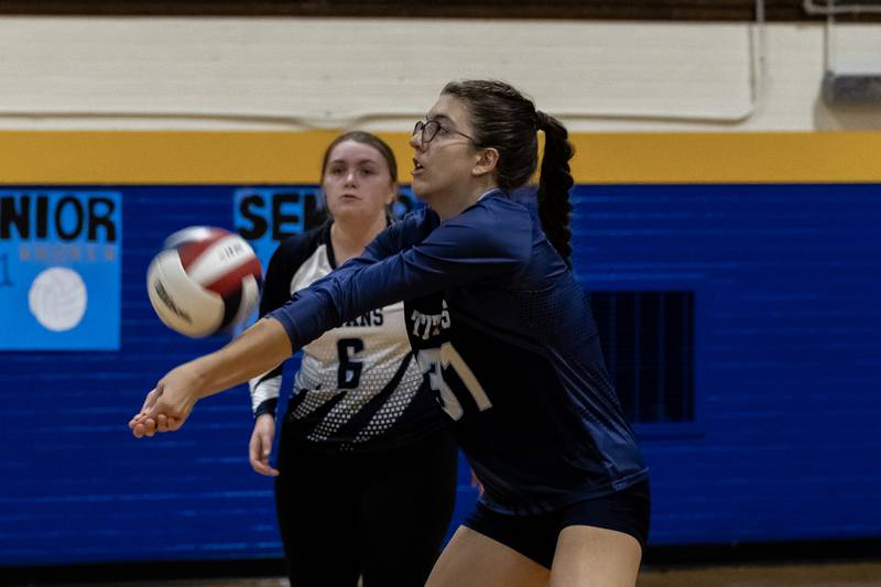 Illinois Mathematics & Science Academy's Enza Ristic passes to a teammate during a varsity volleyball game against Joliet Central at Joliet Central on Oct. 20, 2025.