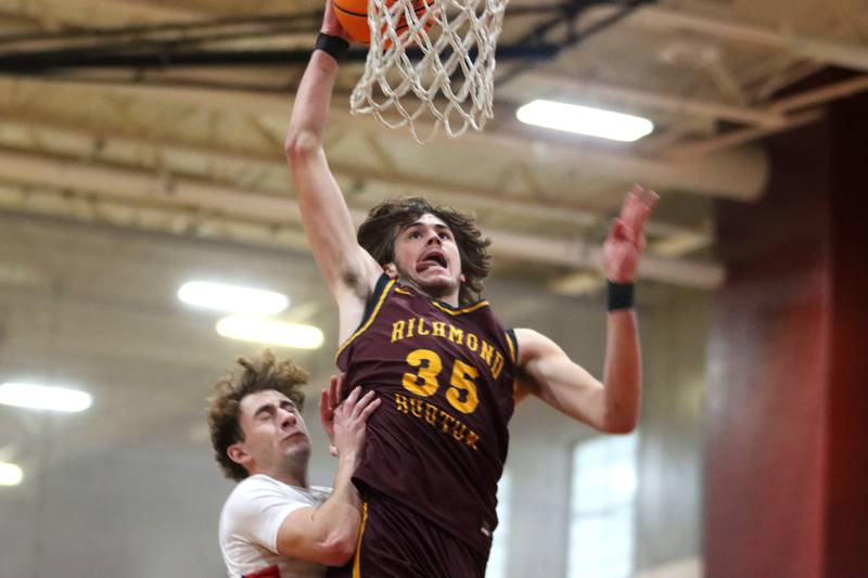 Richmond-Burton’s Matthew Rupnik soars to the hoop against Stillman Valley during 74th Annual E.C. Nichols Holiday Classic varsity boys basketball tournament action on Saturday, Dec. 28, 2024 at Marengo High School in Marengo.
