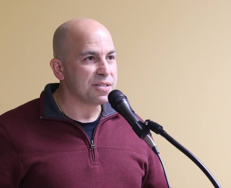 Oglesby commissioner candidate Antonio "Tony" Stefanelli delivers a speech during a mayoral and commissioner candidate forum on Wednesday, March 8,  2023 at the Oglesby Public Library.