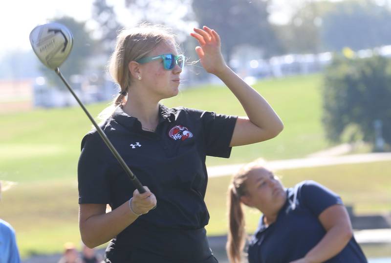 Henry-Senachwine's Isabelle Knuckey tees off during the Class 1A Regionals on Tuesday, Sept. 30, 2025 at Spring Creek Golf Course in Spring Valley.