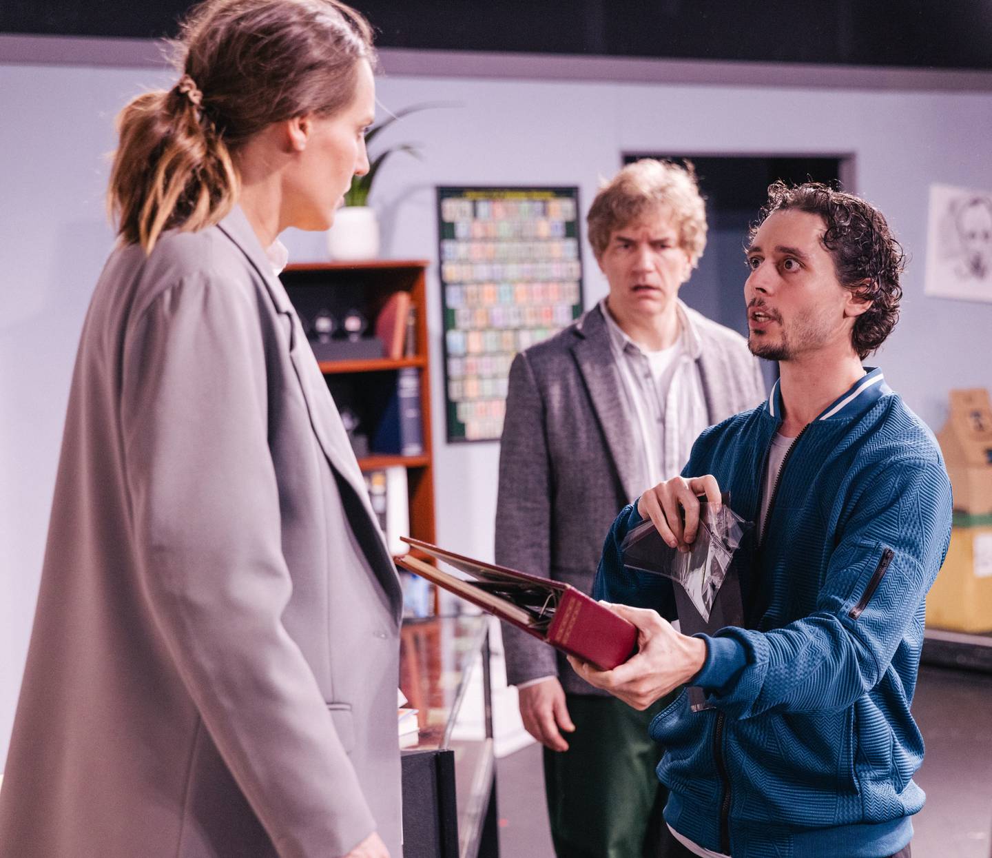 Mary (Sara Mountjoy-Pepka, from left), Philip (Phil Aman) and Dennis (Frank Menolascino) in "Mauritius," presented by Parker Players Theater Company. 2025