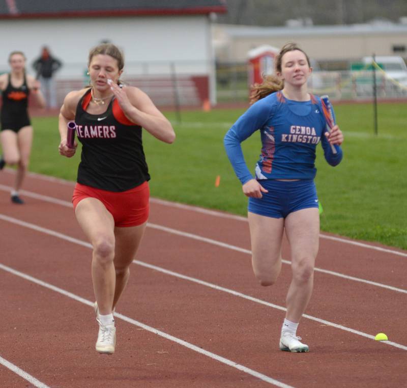 Fulton's Miraya Pessman (left) and Genoa-Kingston's Presley Meyer race to the finish line of the 4x200 relay at the Landers-Loomis Invitational track meet on Friday, April 25, 2025 held at Oregon High School. The Steamers won the event in 1:48.52.