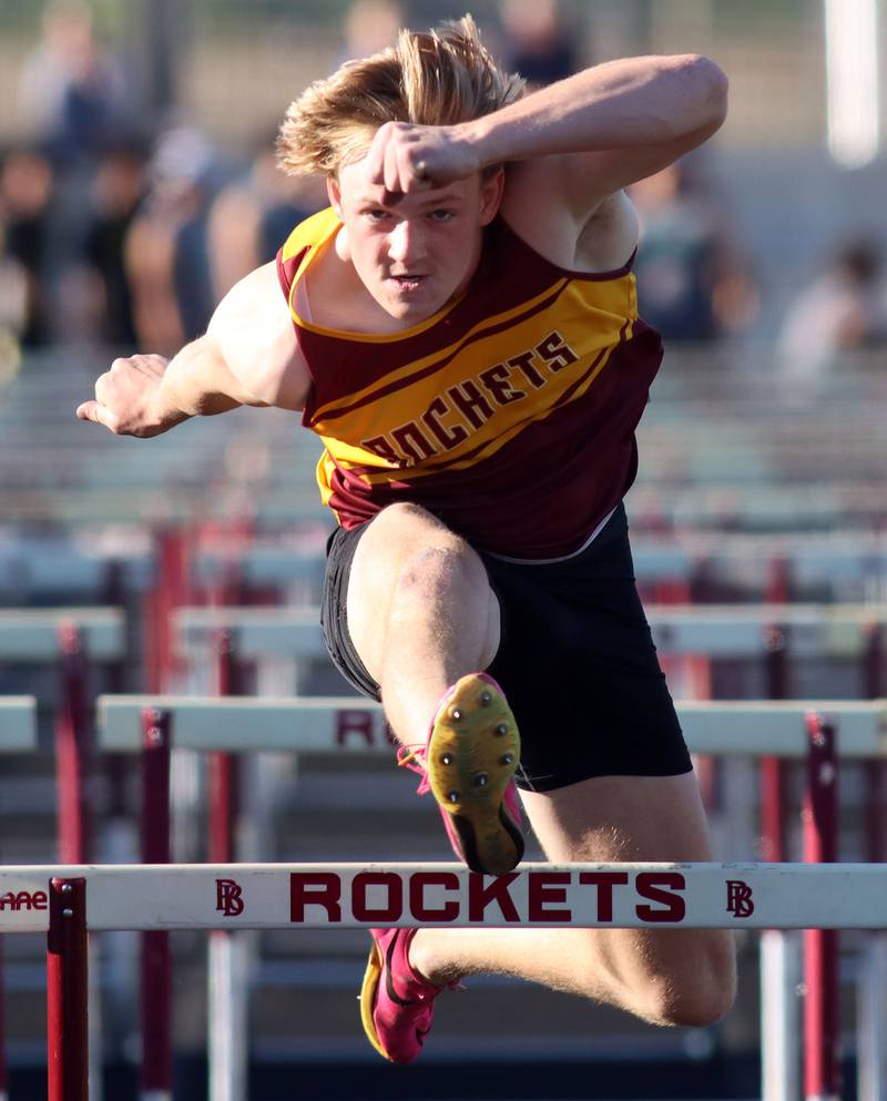 Richmond-Burton’s Ryan Wisniewski competes in the 110-meter hurdles in KRC Conference Track Meet action at Richmond-Burton High School in Richmond on Tuesday, May 13, 2025.