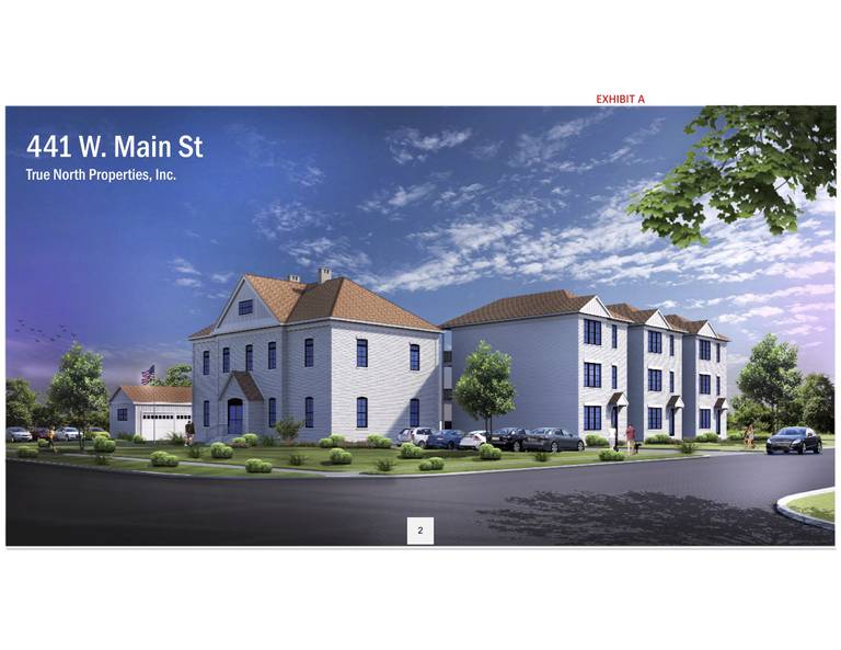 A rendering for a possible repurposing of the parcel at 441 West Main Street in Cary, which includes a historic school building over 120 years old; an initial concept by True North Properties, Inc., shown here, includes several small apartment buildings and garage units designed to match the original structure.