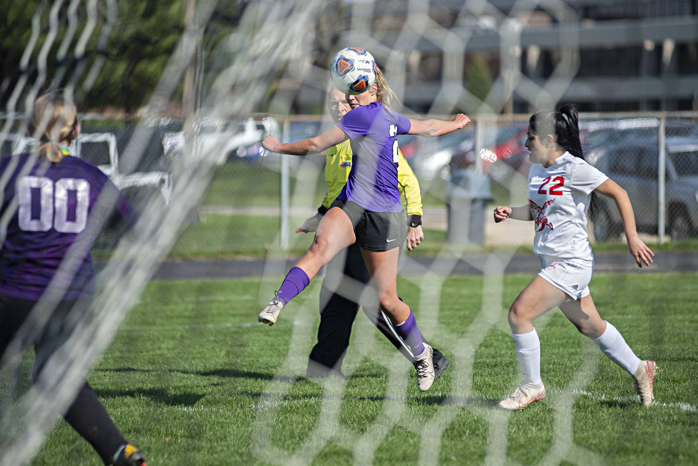 Dixon’s Rylee Pfoutz plays the ball towards the Oregon goal Tuesday, April 26, 2022.