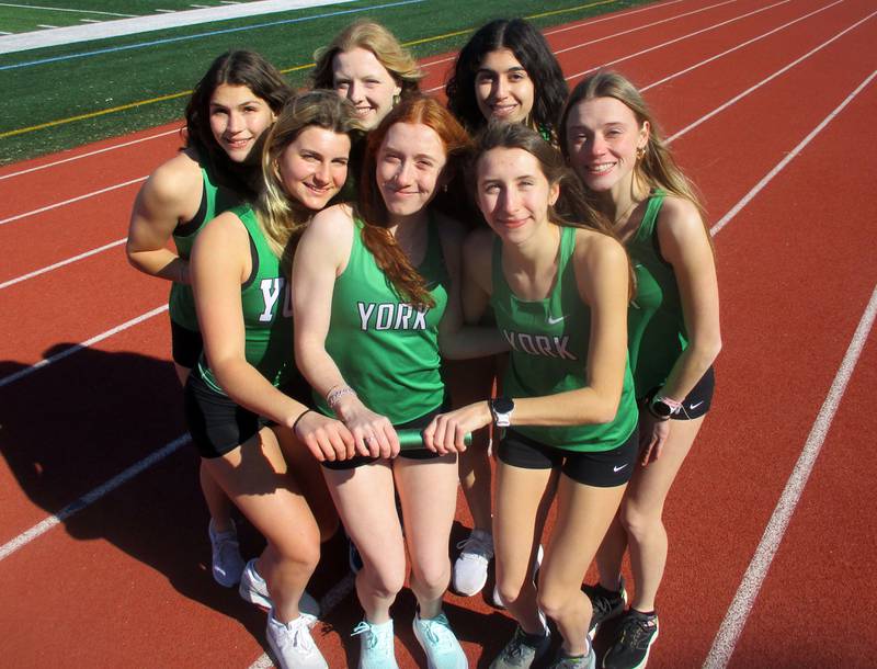 York seniors (from left to right) Lainey Paul, Maggie Owens, Katherine Klimek (back row) Margaret Maston, Emma Owens, Leila Arzon and Anna McGrail are going to the Oregon Relays.