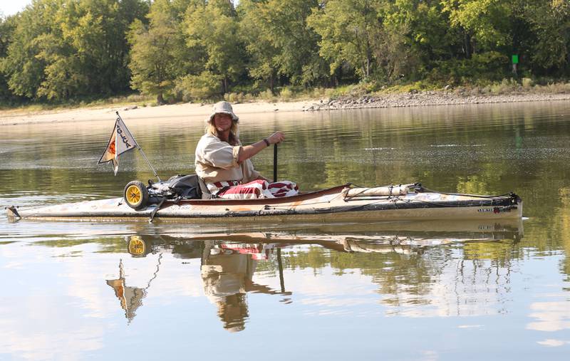 Peter Frank of Escanaba, Michigan, paddles along the Illinois River at Starved rock State Park on Thursday, Sept. 11, 2025. Frank left Escanaba, Mich., on June 27, 2024. Frank has logged nearly 450 days and over 4,400 miles while navigating the American Great Loop in reverse.