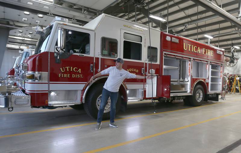 Utica fire chief Ben Brown hops out of a new Pierce Heavy Duty Rescue Truck at the Utica Fire Station on Thursday, Sept. 14, 2023. The $706,000.00 truck will replace a 28 year old rescue truck. The new vehicle will have equipment to handle water rescue, industrial accidents and grain bin emergencies. The department hopes to have it in operation on Columbus Day weekend.