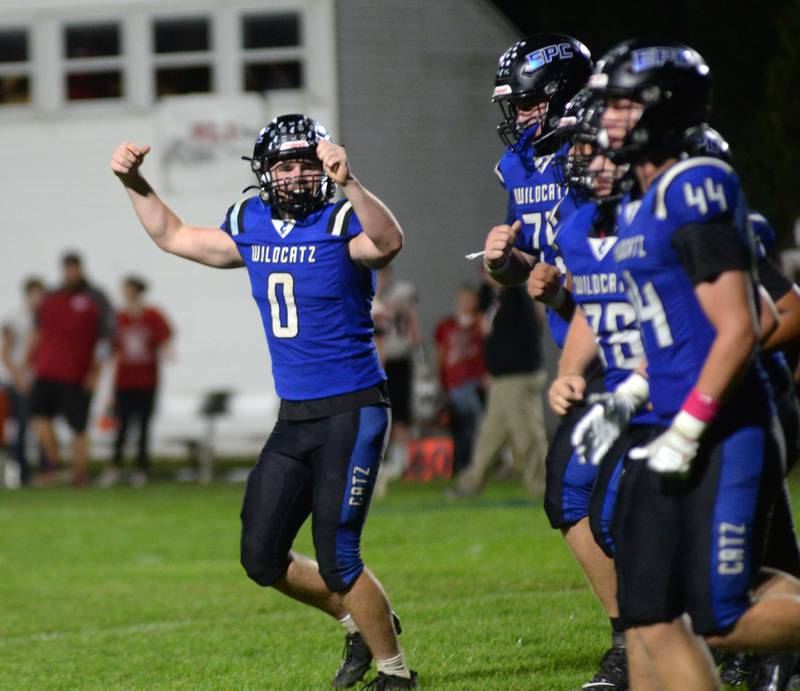 Eastland-Pearl City's Brody Simons (0) reacts to a touchdown against Forreston on Friday, Oct. 3, 2025 at Pearl City High School.