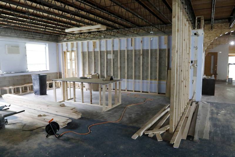 A room in the former Ridgefield schoolhouse at 8617 Ridgefield Road, near Crystal Lake on Wednesday, May 21, 2025. Brent Hollenberg plans to turn the schoolhouse into a six-unit Airbnb. The building was last the home of the McHenry County Jewish Congregation.