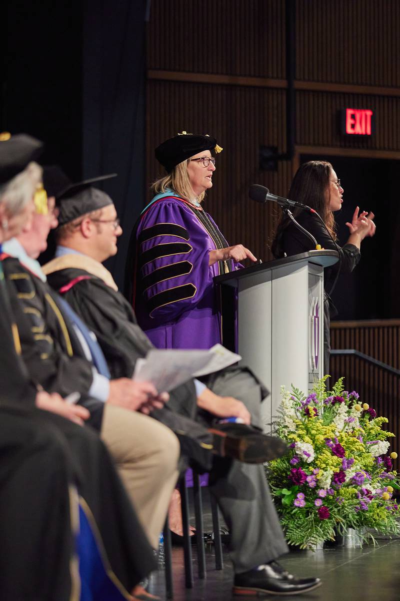 Illinois Valley Community College President Tracy Morris addresses the audience during the Investiture Ceremony on Thursday, Sept. 21, 2023. The ceremony marked formal installation of new leadership for the college, which turns 100 next year. Morris is the college's 11th president, and the second woman – and first IVCC alumna – to lead the institution.