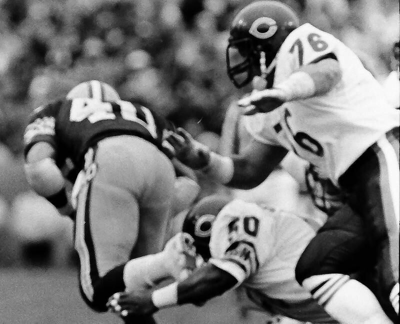 Chicago Bears defensive lineman Steve McMichael plays against the Green Bay Packers on Oct. 21, 1985. McMichael will be inducted to the NFL Hall of Fame on Saturday. This photo was found in the La Salle News Tribune film archives.