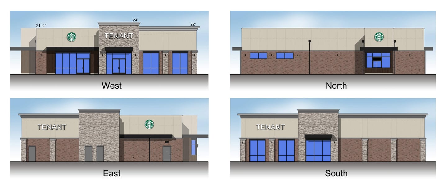 Design renderings for the new Sugar Grove Starbucks location under construction at 421 N Sugar Grove Parkway.