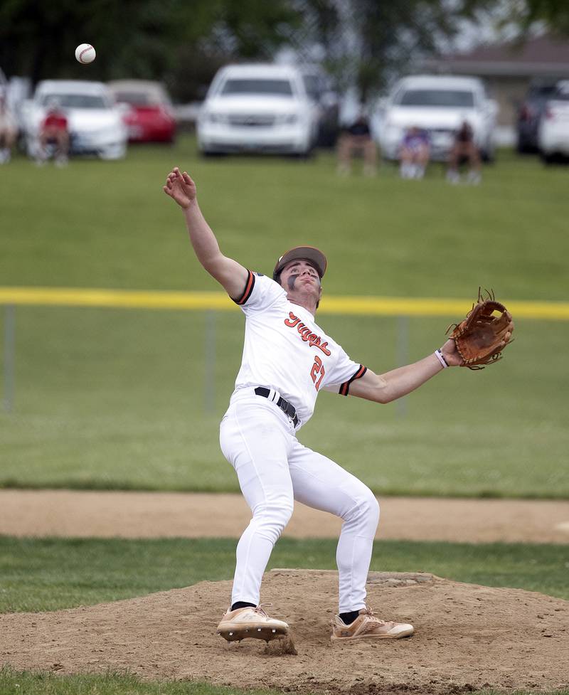 Byron’s Andrew Talbert is stunned by a hard hit grounder back up the middle against Johnsburg Wednesday, May 28, 2025, in the Class 2A Sectional semifinal in Mendota. Talbert recovered and made the play for an out.