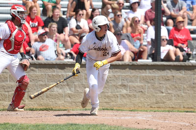 Joliet Catholic’s Vinnie Spotofora connects against Spring Valley Hall in the Class 2A Geneseo Supersectional on Monday, May 29, 2023 in Geneseo.