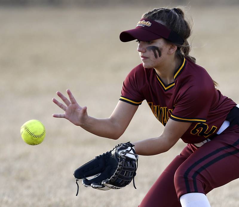 Richmond-Burton's Adrianna Portera fields the ball during a nonconference softball game Wednesday March 16, 2022, between Crystal Lake Central and Richmond-Burton at Lippold Park in Crystal Lake.