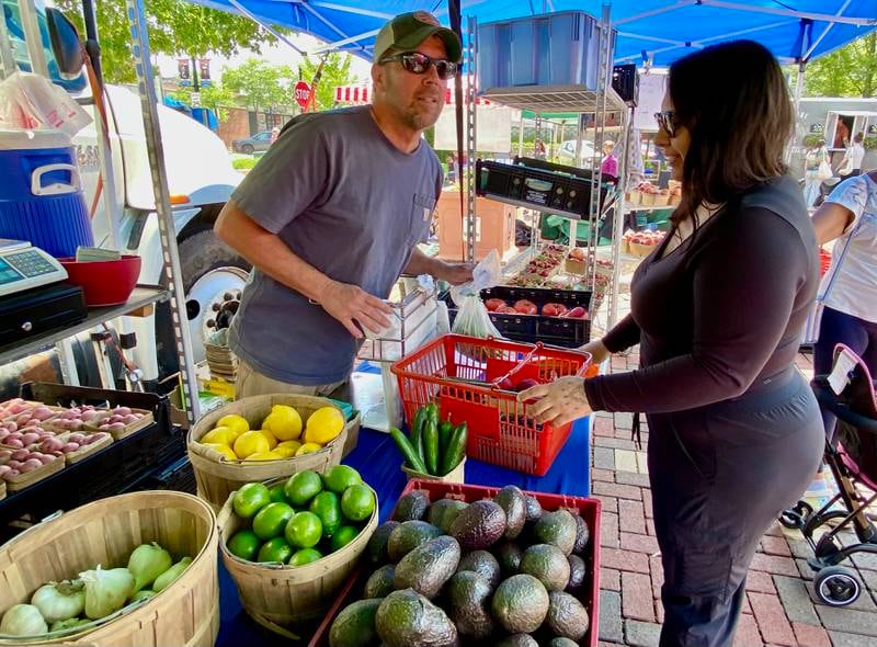 John Taylor (left), farm hand for Theis Farm Market and Greenhouse based in Maple Park, speaks with customer Jackie Maran, of Hampshire, at the opening day of the DeKalb farmers market on Thursday, June 5, 2025, in Van Buer Plaza in downtown DeKalb. The market opened its 30th year Thursday.