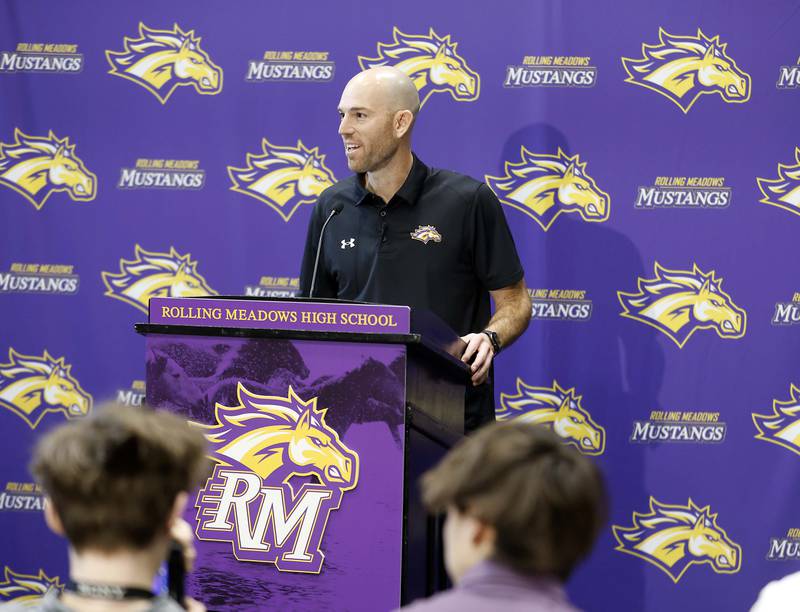 Former NFL player Robbie Gould meets with the media Tuesday, Feb. 27, 2024 at Rolling Meadows High School.