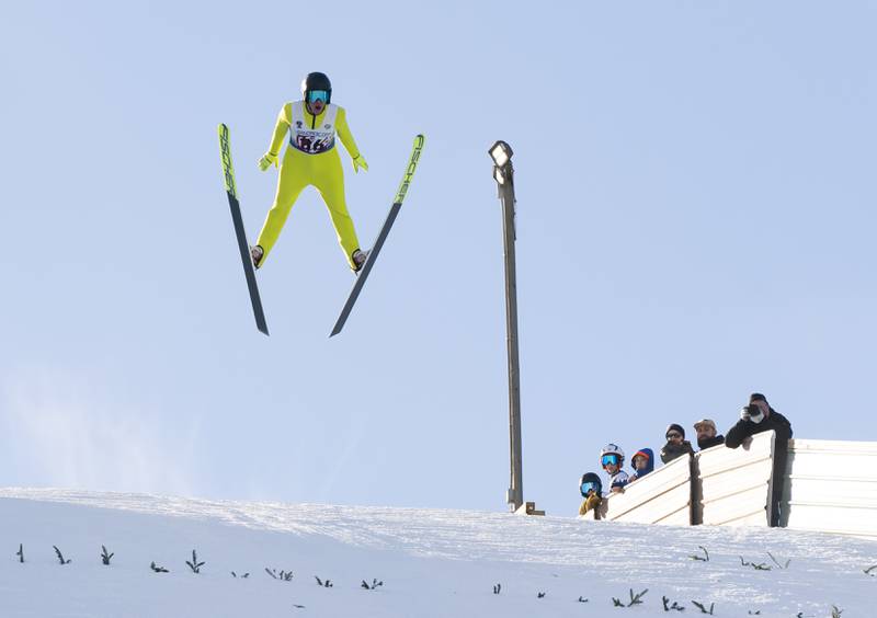 Anders Giese of the Norge Ski Club, competing in the under 20 male group, sails through the air during the Norge Annual Winter Ski Jump Tournament on Sunday, January 26, 2025 at the Norge Ski Jump in Fox River Grove.