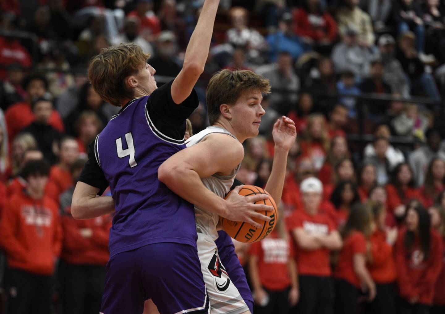 BBCHS's Nick Allen moves toward the net as Manteno's Nate Hupe guards during Tuesday's game at BBCHS. Allen had 27 points, 12 rebounds and five blocks in the Boilermakers' 78-43 win.