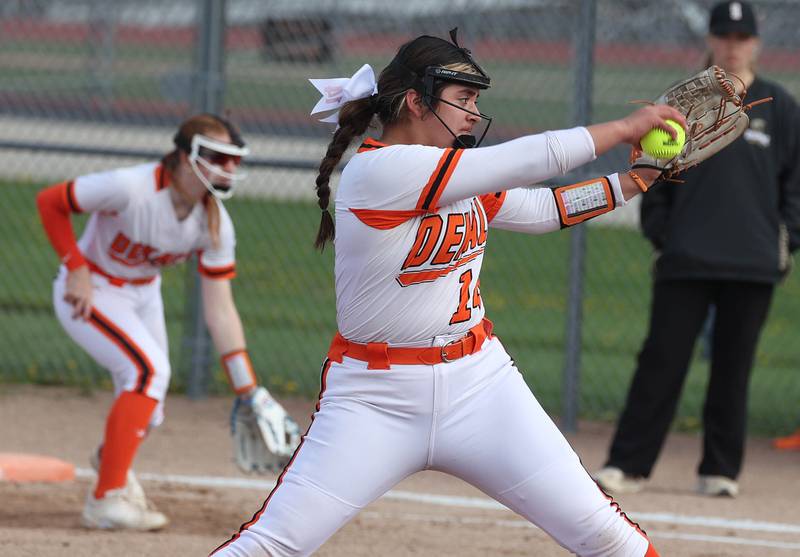 DeKalb's Jasmine Rodriguez delivers a pitch Friday, May 2, 2025, during their game against Sycamore at DeKalb High School.
