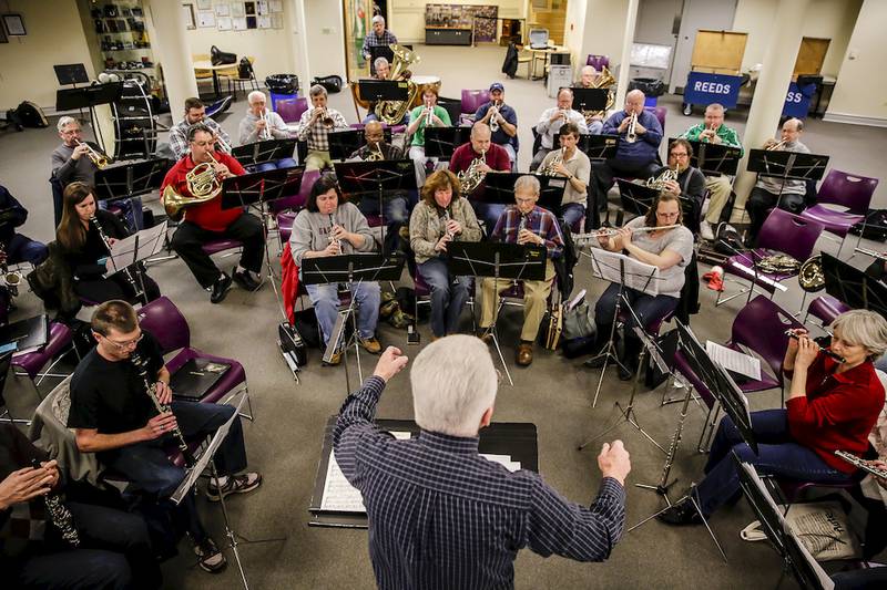 Members of the Joliet American Legion Band practice March 25 at the Joliet Area Historical Museum in Joliet.
