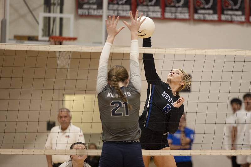 Newman’s Jess Johns hammers a shot Wednesday, Nov. 2, 2022 in the sectional championship game against River Ridge.