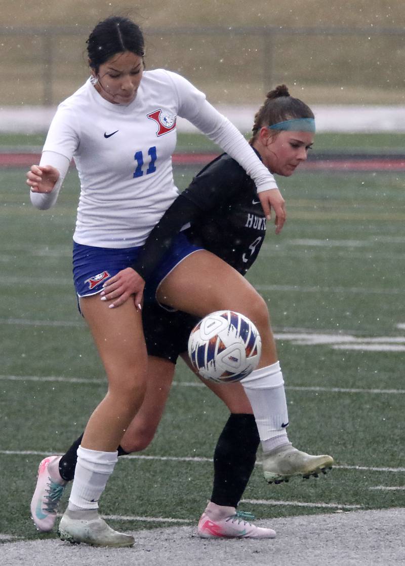 Larkin’s Asiris Perez battles with Huntley’s Addi Avi for control of the ball during a nonconference soccer match on Thursday, March 26, 2026, at Huntley High School.