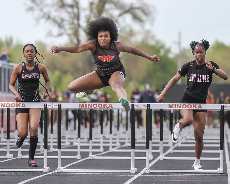 Minooka's Daisah Kaney wins her heat in the 100m hurdles during Southwest Prairie Conference Girls Track and Field Meet Wednesday, May 7, 2025 in Minooka.