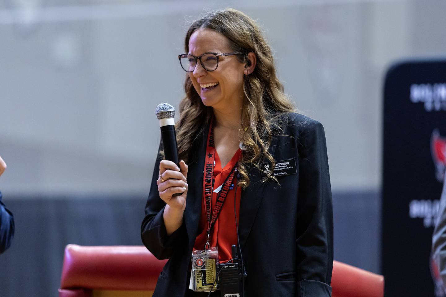Dr. Jaclyn Lennox, Bolingbrook High School’s assistant principal of curriculum and instruction, shares remarks after winning the Milken Educator Award during a surprise assembly at Bolingbrook High School on Oct. 16, 2025.