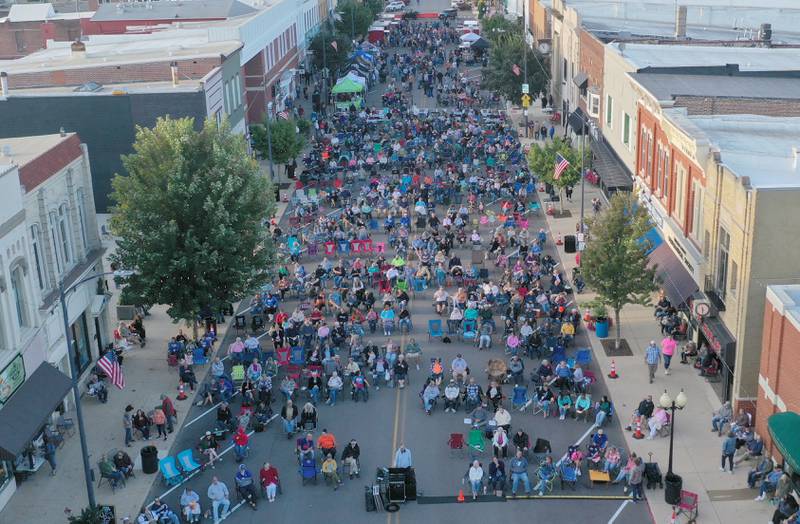 A large crowd fills South Main Street to hear music by Electric Avenue- The 80's MTV Experience on Thursday, Sept. 4, 2025 during the Homestead Festival in Princeton.