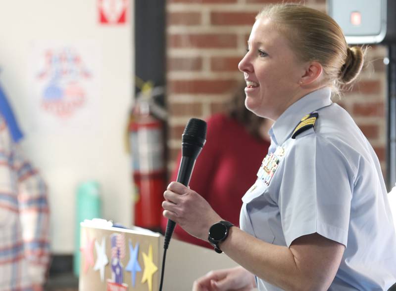 Erin Chlum, commander for the United States Coast Guard, speaks to students at Lincoln School on Tuesday, Nov. 11, 2025 in Princeton. Chlum, originally from Orland Park, listed in the U.S. Coast Guard in 2004. She served as the commanding officer of the Willow from June 2021 to June 2024. Chlum is now the Evaluations Branch Chief for Officer Personnel Management in Washington, D.C.
