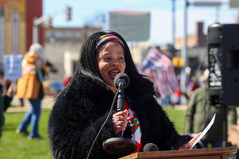 Charlene Eads, Democratic candidate for Kankakee County Board District 25, speaks during the No Kings rally at the Kankakee County Courthouse on March 28, 2026.